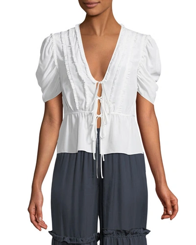 Cinq À Sept Keira Lace-up Silk Blouse With Ruffle Trim In White