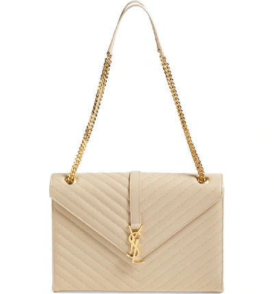 Saint Laurent 'large Monogram' Grained Leather Shoulder Bag - Beige In Poudre