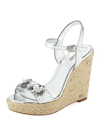 Michael Michael Kors Jill Metallic Leather Espadrille Wedge Sandal With Sequined Flower In Silver
