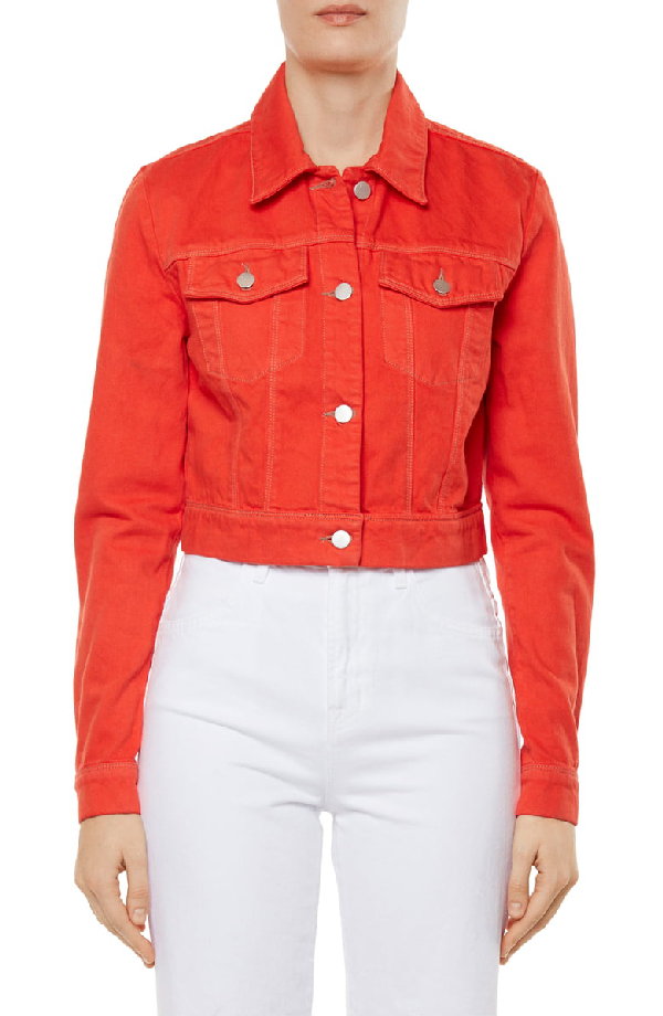 bright red denim jacket