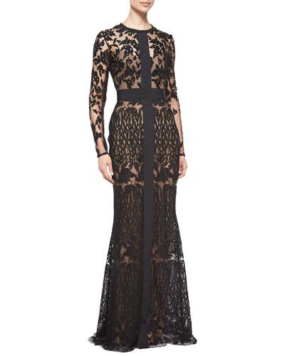 Elie Saab Long-sleeve Sheer Embroidered Lace Gown In Black | ModeSens