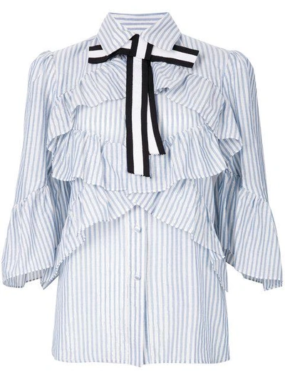 Marco Bologna Striped Frill Trim Shirt With Bow In Blue