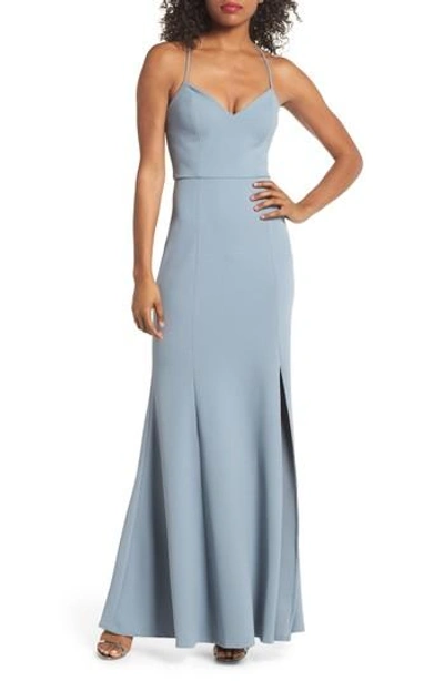 Jenny Yoo Reese Crepe Knit Gown In Mayan Blue