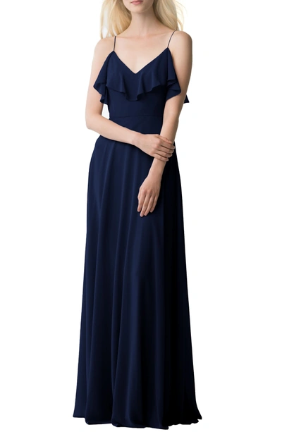 Jenny Yoo Cold Shoulder Chiffon Gown In Navy