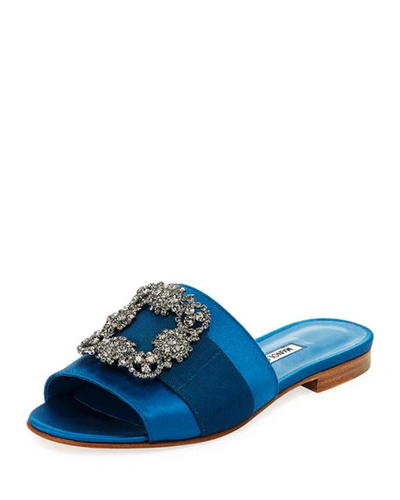 Manolo Blahnik Martamod Crystal-buckle Slide Sandals In Blue Satin