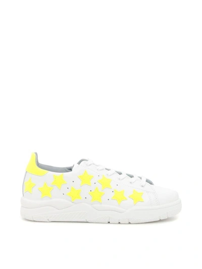 Chiara Ferragni Leather Roger Sneakers With Fluo Stars In Yellow Fluo|bianco