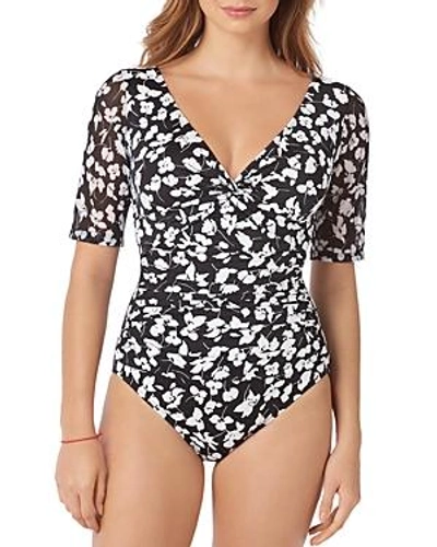 Shape Solver Printed Elbow-sleeve One Piece Swimsuit In Sweet Spring