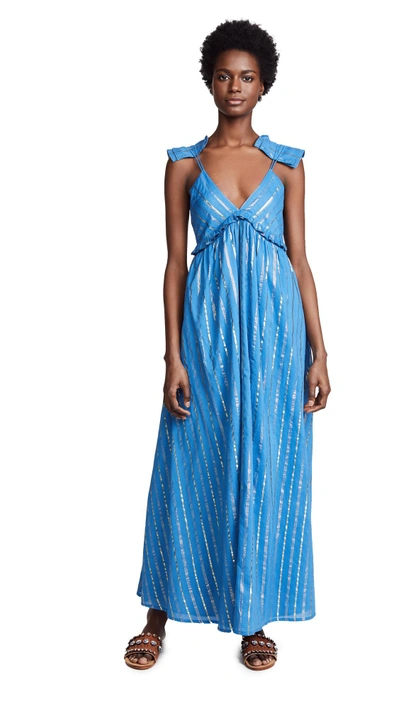 Vetiver Spanish Fly Maxi Dress In Riviera Blue/gold