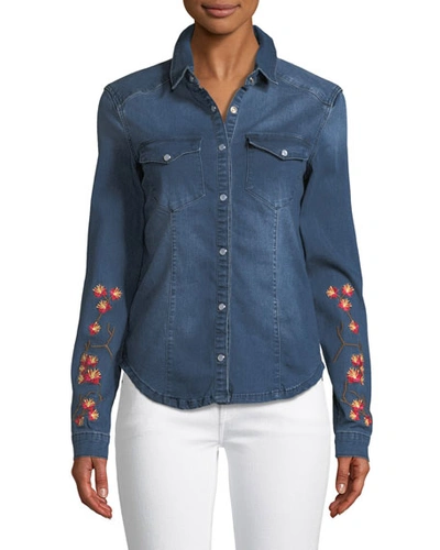 Etienne Marcel Long-sleeve Snap-front Stretch-denim Shirt W/ Floral-embroidery In Dark Blue