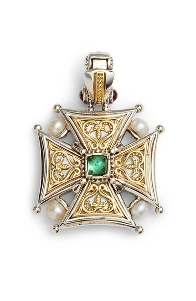 Konstantino Hestia Cross Pendant W/ Green Tourmaline In Silver/ Gold/ White/ Blue