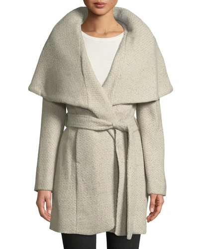 T Tahari Marla Wool-blend Tweed Wrap Coat In Beige