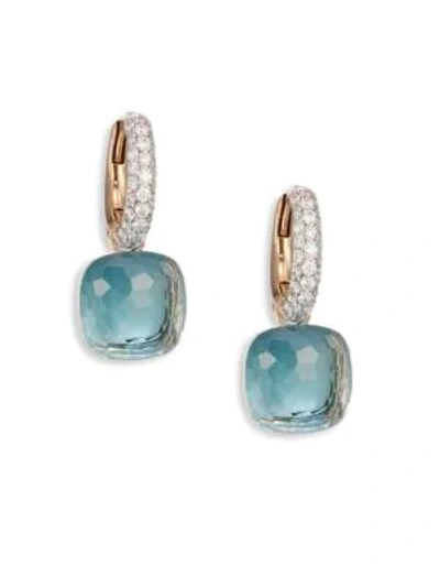 Pomellato Nudo Earrings With Blue Topaz And Diamonds In 18k White And Rose Gold In Blue/white