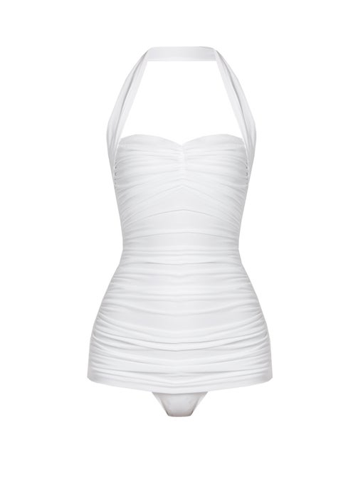 white ruched one piece swimsuit