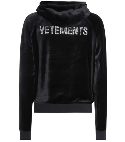 Vetements Rhinestone Logo Velvet Hoodie In Black