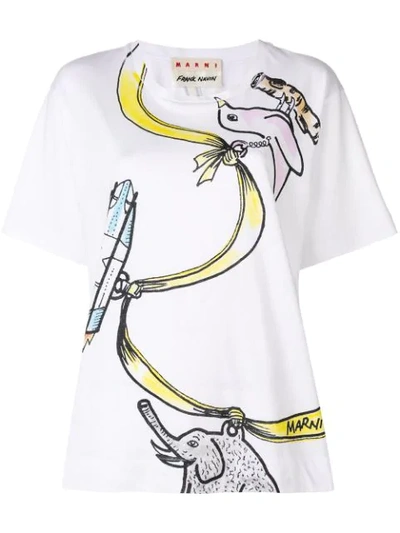 Marni Ribbon & Charms Large-print Cotton Crewneck T-shirt In White Blue