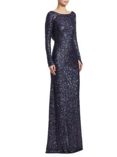Naeem Khan Irredescent Sequined Gown In Navy
