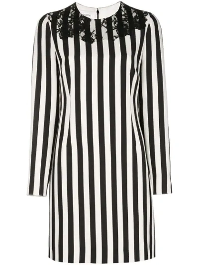 Valentino Striped Lace Appliqué Dress In Ivory/black