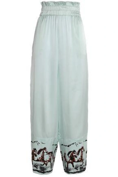 Ganni Jolly Shirred Printed Silk-blend Satin Wide-leg Pants In Mint