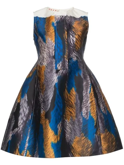 Marni Feather Print Fit-and-flare Dress In Blue