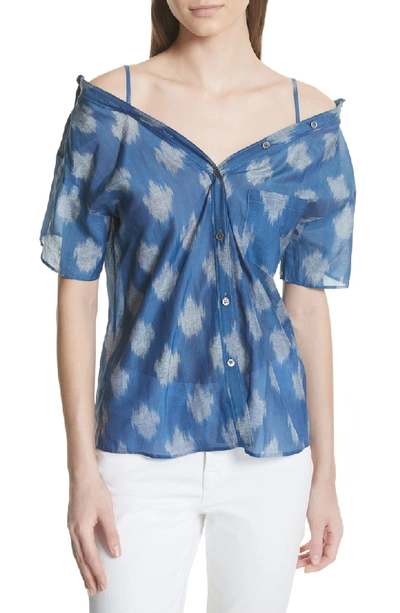 Theory Tamalee Off-the-shoulder Button-front Top In Blue Multi