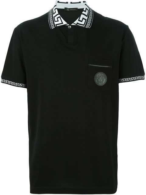 Versace Greca Key Collar Cotton Polo Shirt In Black | ModeSens