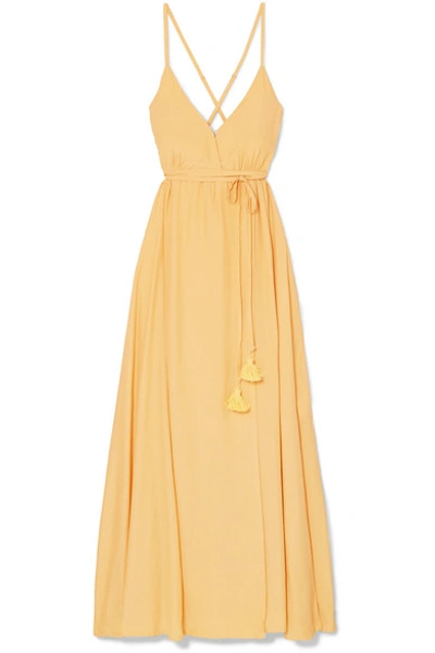 Faithfull The Brand Santa Rose Tasseled Wrap-effect Voile Maxi Dress In Pastel Yellow