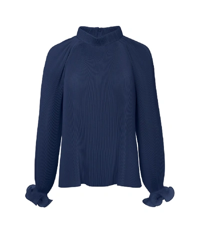 Tibi Navy Pleated Top In Blue