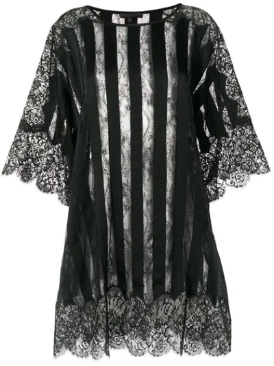 Amen Sheer Striped And Lace Trimmed Oversized Top In Black