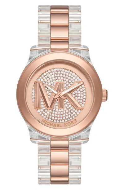 Michael Kors Women's Runway Quartz Three-hand Clear Castor Oil And Rose Gold-tone Stainless Steel Watch 38mm In Pink/silver