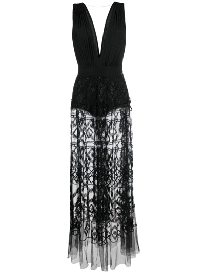 Elisabetta Franchi Rhombus-embroidered Plunge-neck Long Dress In Black