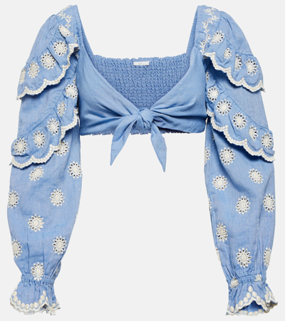 Loveshackfancy Milanti Tie-front Ruffled Broderie Anglaise Cotton And Linen-blend Top In Blue