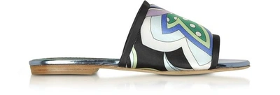 Emilio Pucci Cornflower Printed Canvas And Leather Flat Slide Sandals In Blue