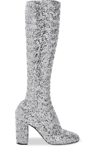 Dolce & Gabbana Sequined Mesh Knee Boots In Silver