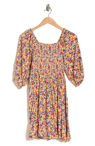 Angie Floral Balloon Sleeve Fit & Flare Dress In Orange/ Black Floral