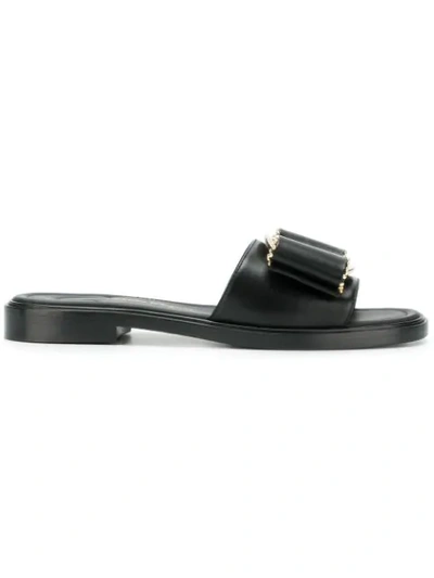Ferragamo Isera Black Leather Studded Bow Slide Sandals