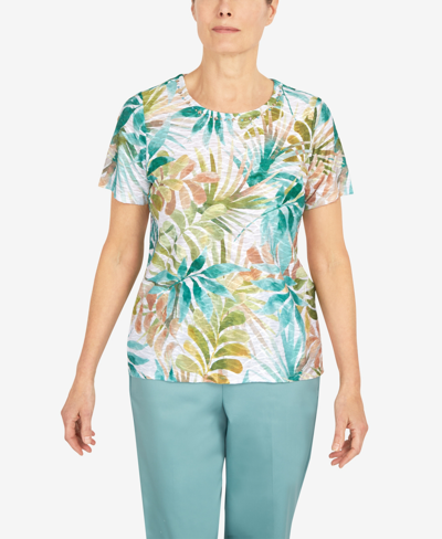Alfred Dunner Petite Coconut Grove Tropical Leaves Short Sleeve Top In Multi
