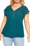 City Chic Trendy Plus Size Zip Fling Shorts Flutter Sleeve Top In Teal