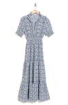 Max Studio Ruffle Collar Print Tiered Maxi Dress In Cream/ Blue Quilting Grid