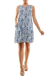 Nina Leonard Puff Print Sleeveless Trapeze Dress In Denim/ White