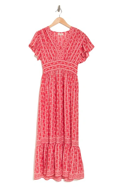 Max Studio Flutter Sleeve Floral Tiered Maxi Dress In Red/ Ivory Acorn Climber