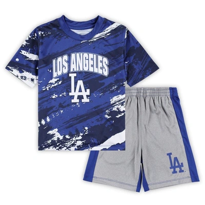 Outerstuff Babies' Infant Boys And Girls Royal, Heather Gray Los Angeles Dodgers Stealing Homebase 2.0 T-shirt And Shor In Royal,heather Gray