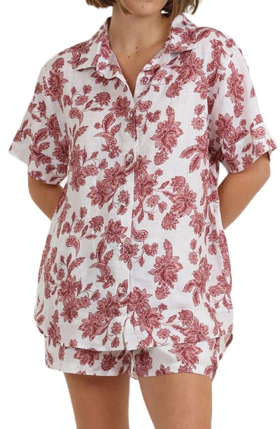 Papinelle Resort Floral Linen Pajama Top In Cinnamon Floral