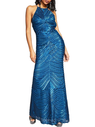 Blondie Nites Juniors Womens Sequined Open Back Evening Dress In Blue