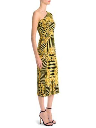 Versace Mixed Print One Shoulder Dress In Gold Print