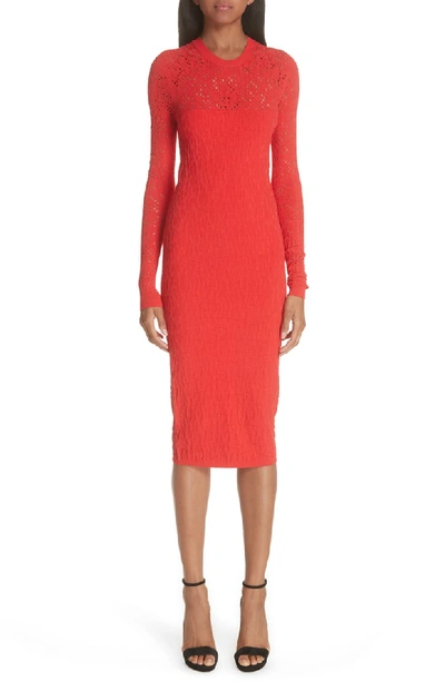 Versace Crewneck Long-sleeve Tattoo-knit Body-con Dress In Deep Red
