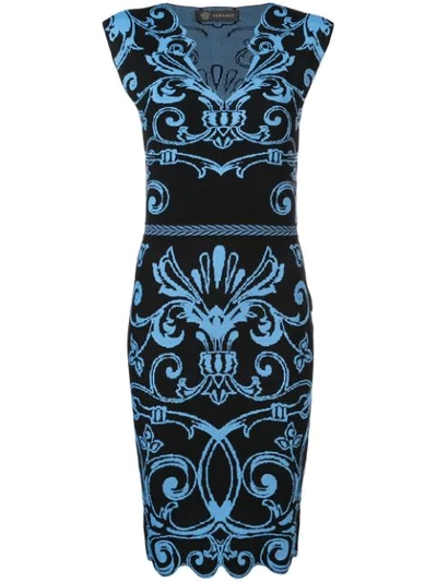 Versace Graphic-print Cap-sleeve V-neck Knit Sheath Dress In Ice Blue