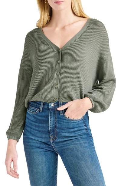 Splendid Bri Rib Blouson Sleeve Cardigan In Soft Vintage Olive Branch