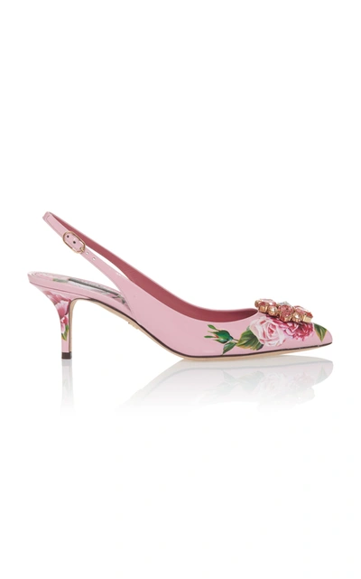 Dolce & Gabbana Printed Patent Leather Slingbacks With Brooch Detail In Pink
