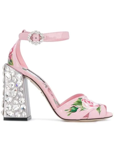 Dolce & Gabbana Printed Patent Leather Sandals With Embroidered Heel In Pink