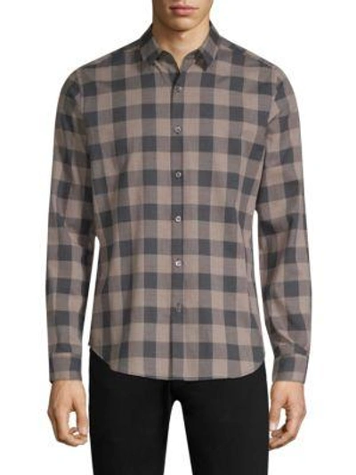 Theory Zack Brushed Check Shirt In Light Camel